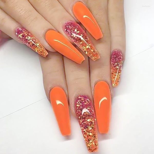 Ложные ногти 20 штук Еврамериканец Ультра длинные пальцы оранжевый порошок балетный балет.