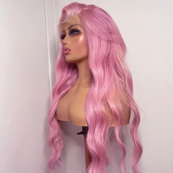 Perucas de cabelo humano rosa ondas corporais longas hd transparente peruca de renda colorida pré -arrancada com bebê para mulheres