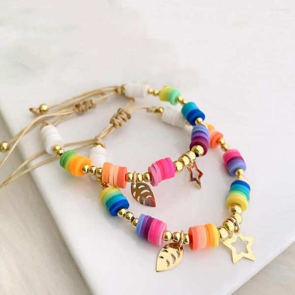 Braccialetti con ciondoli Moda Argilla polimerica Color oro Perline di rame Bracciale Stella Foglia Ciondolo Regalo di gioielli intrecciati fatti a mano da donna