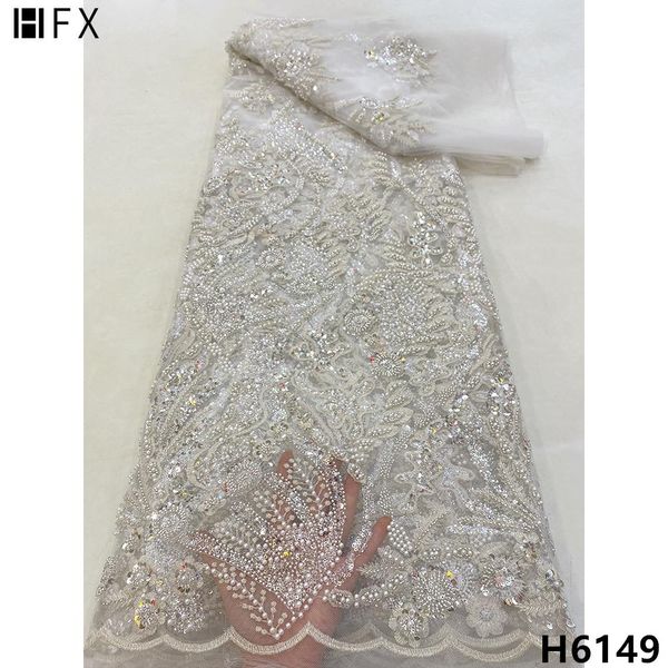 Tessuto HFX Tessuto di pizzo francese nigeriano 2022 di alta qualità ricamato con paillettes lussuoso tessuto di pizzo con perline bianche 5 metri da sposa F6149