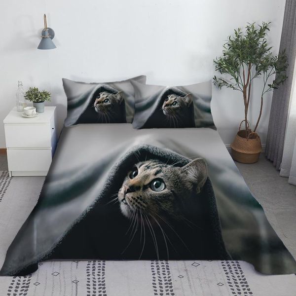 Conjunto de lençol de cama de gato adorável impressão digital poliéster folha plana com fronha impressão conjunto de cama 1.2/1.5/1.8/2.0m