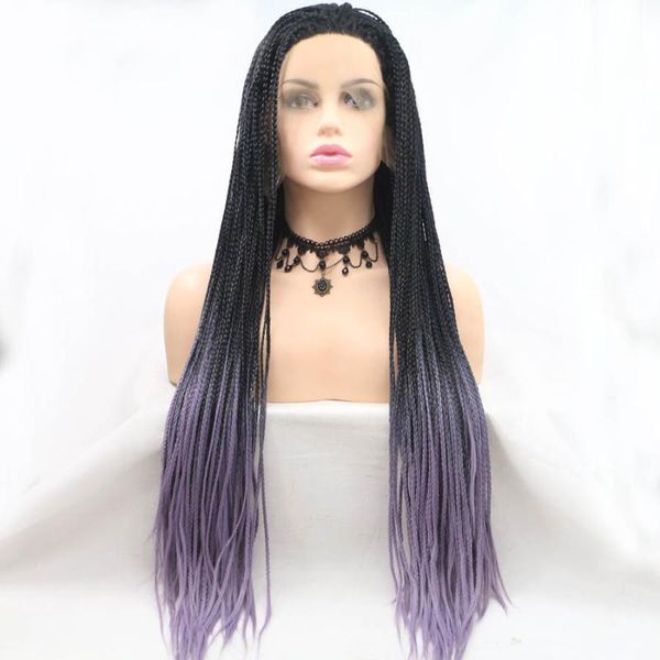 Parrucche sintetiche gradiente viola nero gradiente naturale capelli lunghi intrecciati intrecciati trecce di cosplay frontale in pizzo davanti per donne