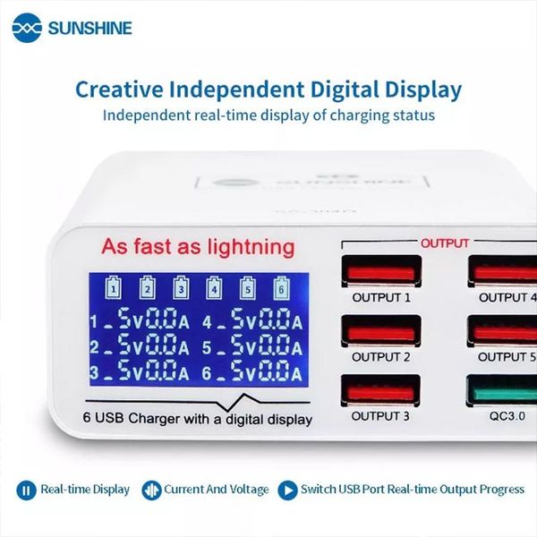 gereedschap SUNSHINE Neueste QC 3.0 5V 2,0A Ladegerät Sechs Löcher Handy Schnellladung Netzteil Spannung Strom Anzeige USB Werkzeuge