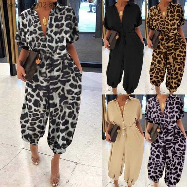 Damen Jumpsuits Strampler Damen Kurzarm Pluderhosen Overall Sexy Knopfleiste Leopard Lose Strampler T230504