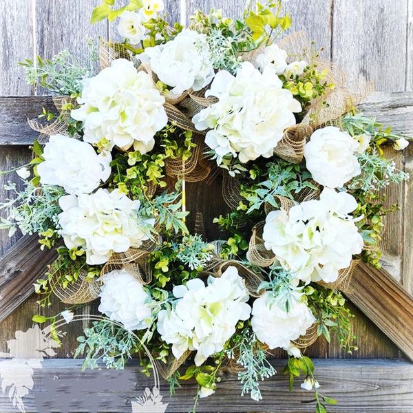 Flores decorativas Simulação Garland Hydrangea White Home Door Holding Decorações Plantas de Flores Artificiais Decoração da frente do jardim