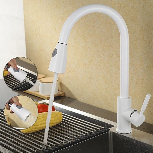 Küchenarmaturen, weißer Einhandgriff, herausziehbares Hahnloch, drehbarer 360-Grad-Wassermischer
