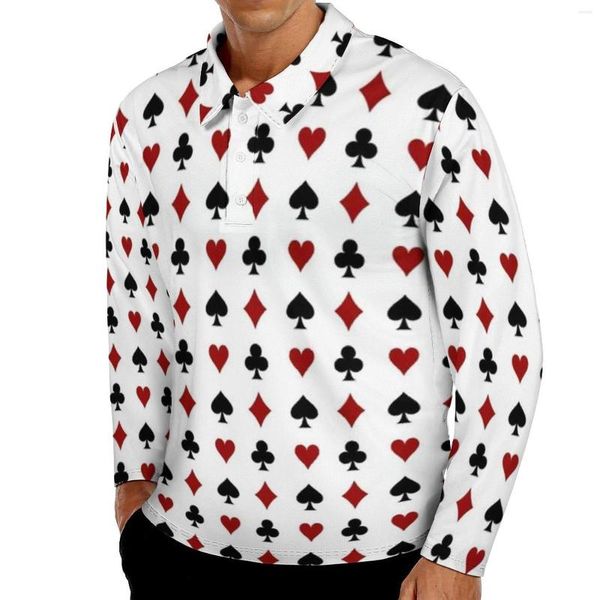 Polos masculinos jogando camisas de pólo de poker outono corações de diamantes clubes cádicos de cartões de cartão casual camisa de manga longa y2k camisetas gráficas de tamanho grande