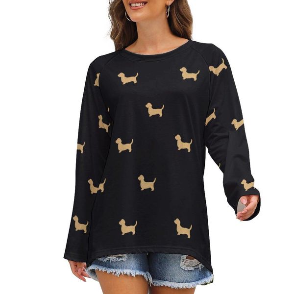 Tişört altın köpek baskı tişörtler eğlenceli hayvan moda uzun kollu tişört zarif grafik tişört tişört kadın giyim 3xl 4xl 5xl