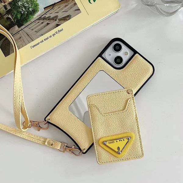 Lindas capas de telefone crossbody iPhone 15 14 13 Pro Max Designer Saffiano Mirror Card Slot Carteira de alta qualidade 18 17 16 15pro 14pro 13Pro 12Pro 12 11 Bolsa com caixa de logotipo