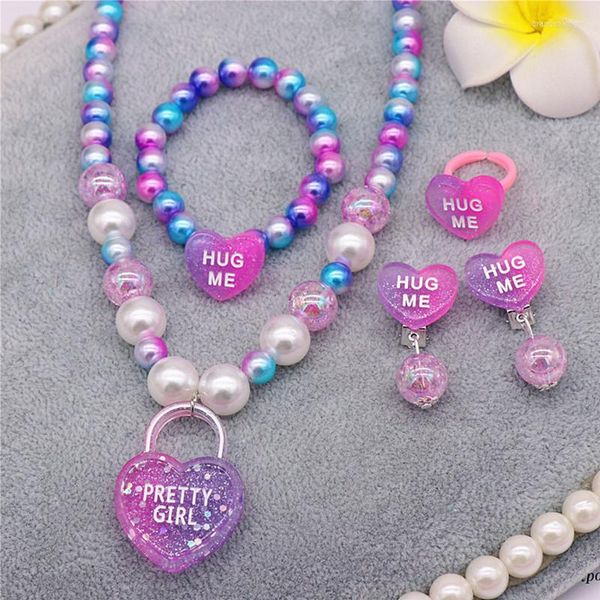 Collana Orecchini Set Bracciale per bambini Anello Orecchino Resina carina Colorblock Love Lock Key Accessori per gioielli Regali