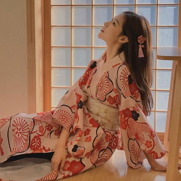 Etnik Giyim Kadın Kimono Geleneksel Japon tarzı Obi Sakura Baskı Tatlı Yukata Batıltılar Resmi Elbise Elbise Kızlar Vintage Elbiseler