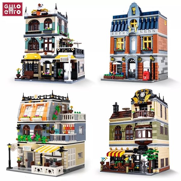 Blocks Gulogulo City View View Building Cafe Shop Garden El Restaurant Store Architecture Bricks Model Toy Presente para Kid 230504