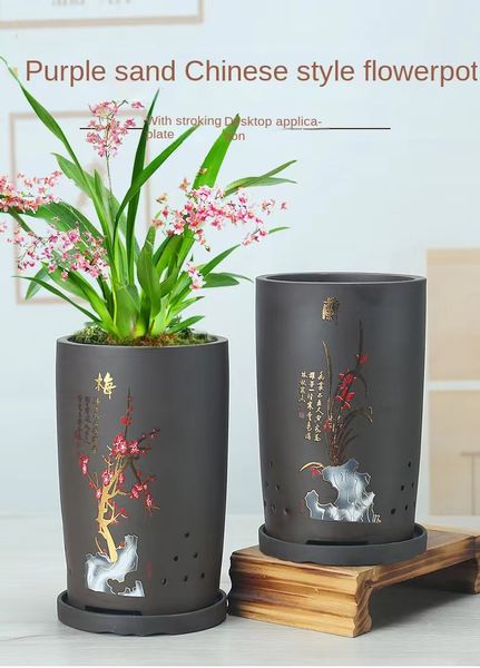 2023 Vaso da fiori in ceramica viola traspirante in stile cinese Plum Orchid Bamboo Chrysanthemum Orchid Vaso speciale Vassoio Decorazione domestica