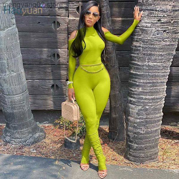 Damen Jumpsuits Strampler HAOYUAN Sexy Cut Out Bodycon Jumpsuit Langarm Stacked Pants Y2k Kleidung für Frauen Geburtstagsparty Wear One Piece Club Outfits T230504