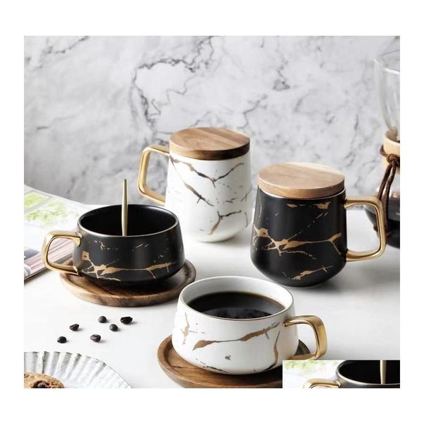 Tazze Luxury Nordic Marmo Ceramica Caffè condensato Caffè Colazione Tazze da latte Piattino Completo con cucchiaio per piatti Set Ins Drop Delivery Home G Dhqyf