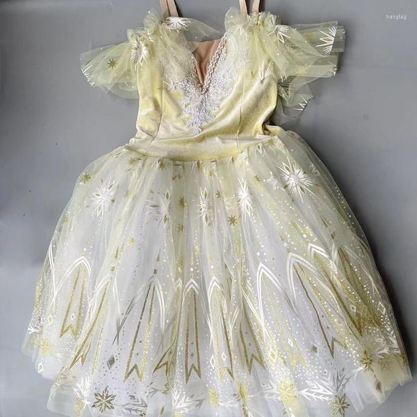 Abbigliamento da palcoscenico Vestito da balletto per bambini Giallo chiaro Cigno Abbigliamento per esibizioni di danza Donna Ragazze Concorso lungo Principessa Gonne