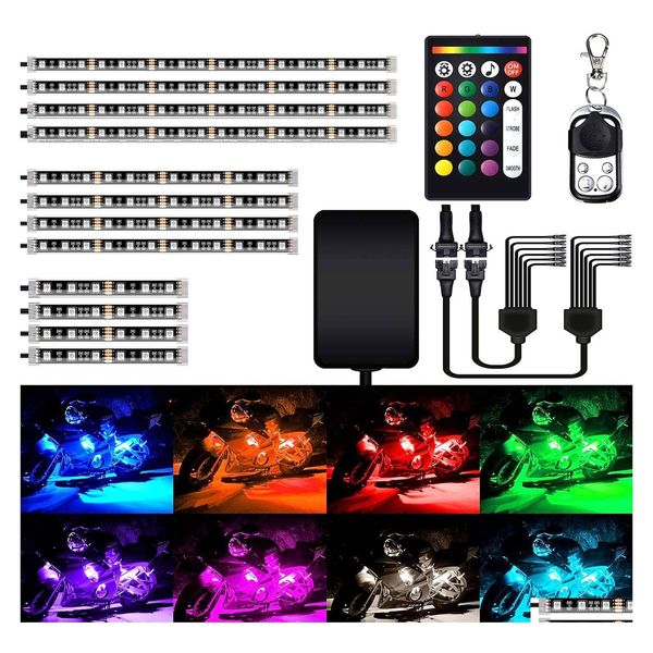 Luzes decorativas 12pcs motocicletas kits de luz LED tiras de mticolor ir/rf controladores remotos subceta de brilho de brilho atmosfera de neon para dhcb5