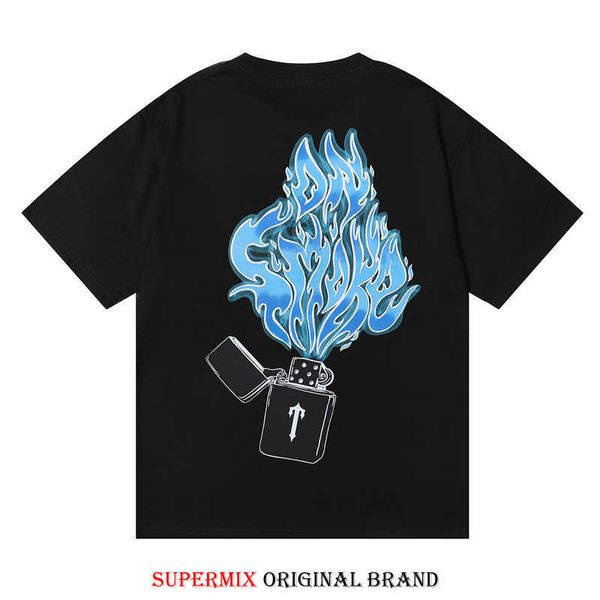 Дизайнерская модная одежда Футболки Модная зажигалка Trapstar Blue Flame Print American Street Свободная повседневная мужская женская футболка с коротким рукавом Лето для продажи