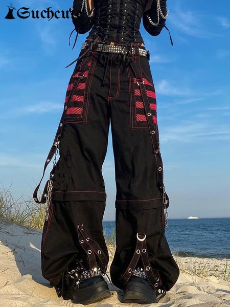 Pantaloni da donna SUCHCUTE Fasciatura a catena gotica Gamba larga Donna Oversize Vita bassa Pantaloni accademici scuri Streetwear Pantaloni larghi anni '90 Stile punk 230504