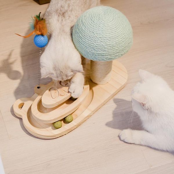 Spielzeug Katzenkratzbaum aus Holz, Sisal-Kratzspielzeug mit 2/3-lagigen Schienen, drehendes Katzenspielzeug, Drehteller mit interaktiven Bällen