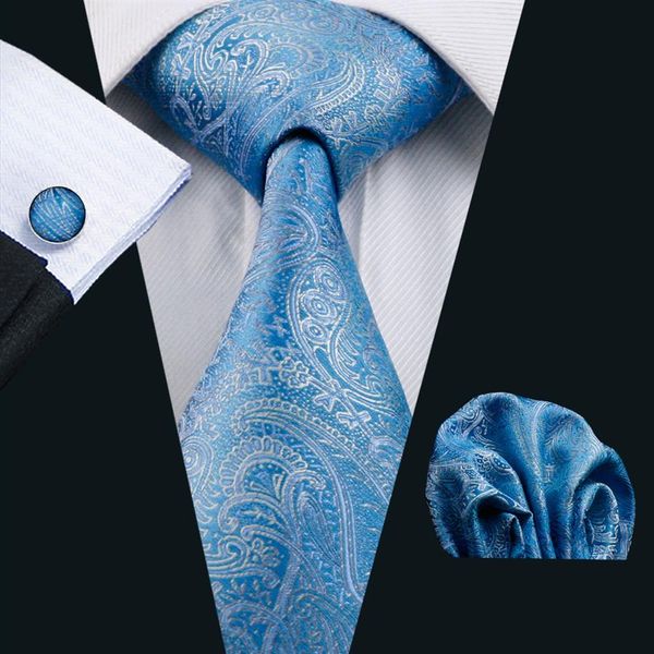 Mens Hankerchief Cufflinks Set Blue Paisely Jacquard Trey Set Work Work Reunião formal Lazer N-0566289x