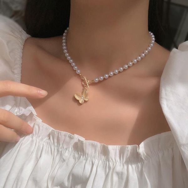 Choker Chokers KISS WIFE Netter Schmetterling Anhänger Halskette Für Frauen Weiße Runde Perle Goth Grunge Halsketten Modeschmuck 2023 Trend