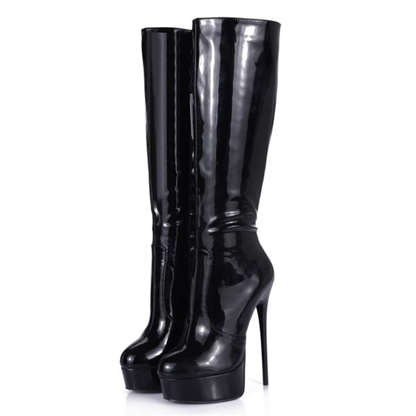 Whole Sexy Trendy Black Shiny Patent PU Knee Boots for Women With Platform and 16cm high heel Italian Design Handmade Shoes Fe181p