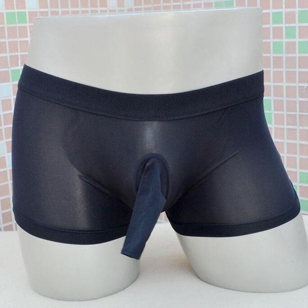 Mutande Intimo di seta di ghiaccio con fodero aperto per pene Slip boxer sexy da uomo Pantaloncini trasparenti Morbido tronco di elefante a vita bassa