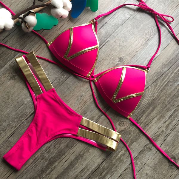 Damen-Bikini-Set, Baumwolle, einfarbig, Sommer-Tanga-Badeanzug, Urlaub, sexy Damen-Badeanzüge mit goldener Linie
