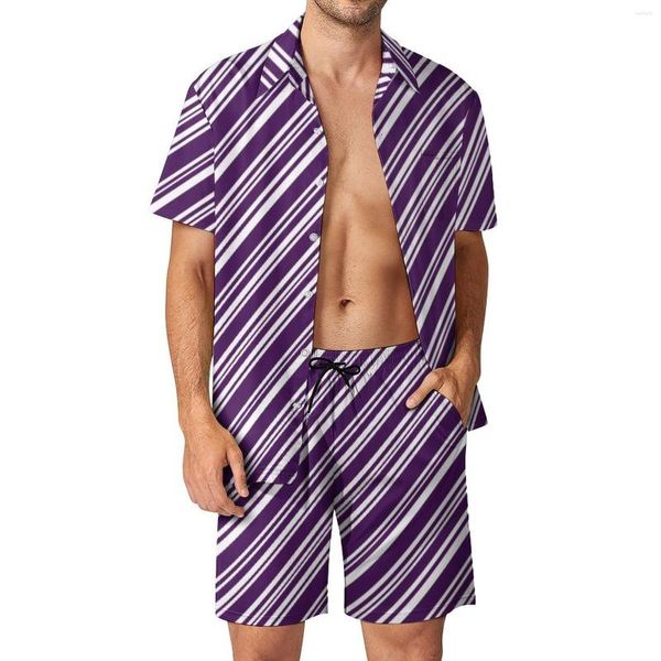 Tute da uomo Linea viola e bianca Completi da uomo per le vacanze Set di camicie casual con motivo a strisce di caramelle Set di pantaloncini grafici estivi Completo da 2 pezzi streetwear