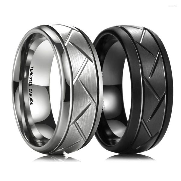 Alyanslar 2023 Serin 8mm Kubbeli Diagonal Groove Siyah Tungsten Ring Erkekler için Gümüş Renk Fırçalı Çok Faseted Bant