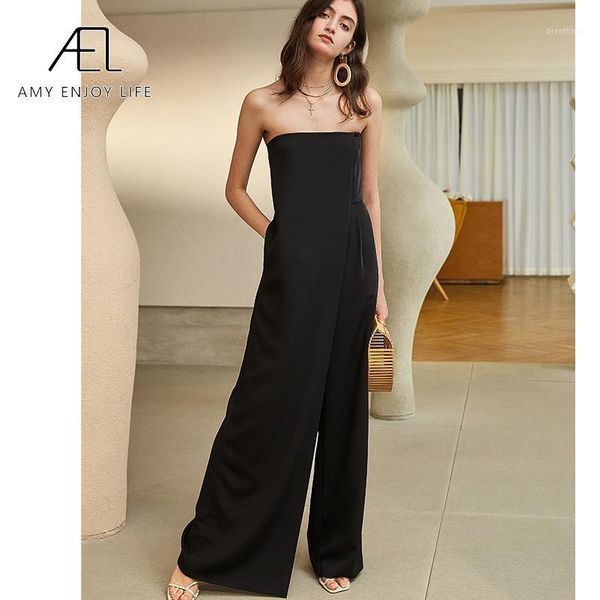 Damen Jumpsuits Strampler AEL trägerloser schwarzer Strampler mit weitem Bein übergroß asymmetrisch für Damen 2023 Herbstmode Streetwear