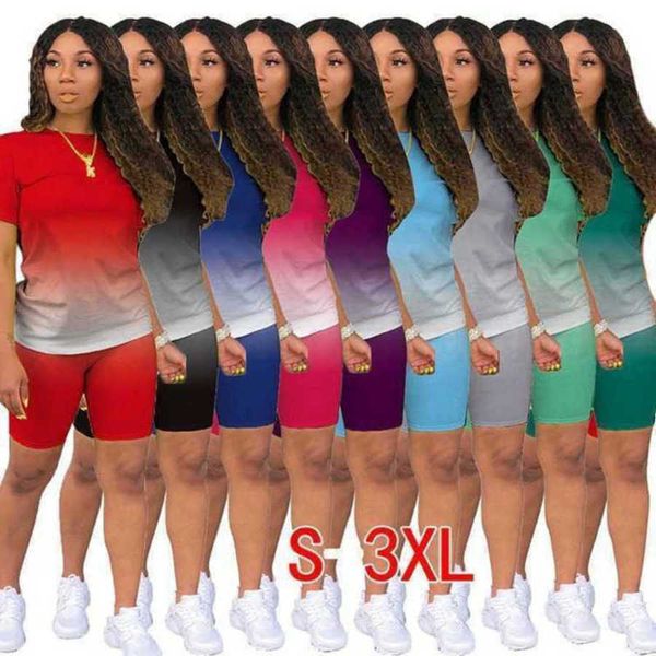 Farbverlauf Frauen Trainingsanzüge Designer Neue 2-teilige Hosen Set Lässige Sport Kurzarm T-Shirt Biker Shorts Anzüge Damen Kleidung Plus Größe 3XL 4XL