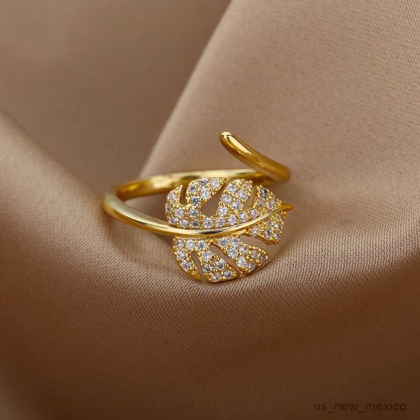 Anelli a fascia Anelli con foglie di zirconi cubici per donna Anello in acciaio inossidabile color oro Trend Wedding Band Coppia gioielli R230719