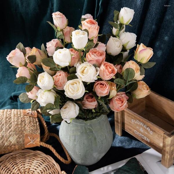 Flores decorativas 5 Cabeça Vintage Rose Artificial Fake Flower Flower Wedding Ins Home Decoration Plantas Artificiales para decoracion