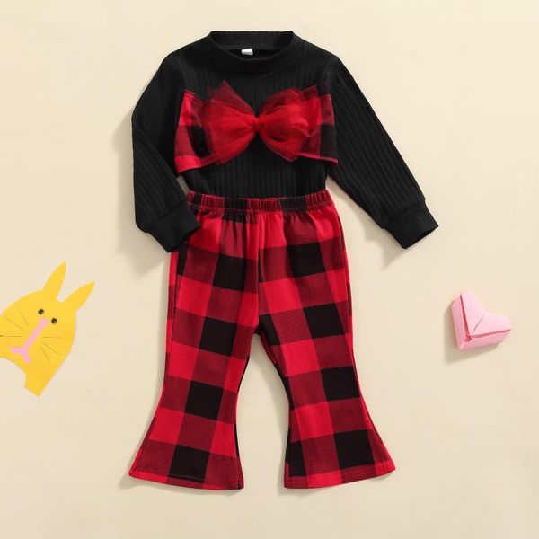 Kleidungssets Weihnachtsoutfits Kleinkinder Mädchen Kleidung Schleifenknoten Oberteile Plaid Schlaghose für Mädchen Kinder 18 Monate bis 6 Jahre