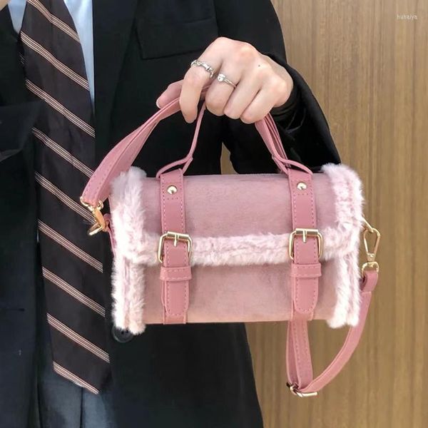 Abendtaschen Rosa / Braun PU-Leder Handtaschen Mode Frauen Schulter Plüsch Tote INS Korean Brand Design Weibliche Crossbody Bolsa