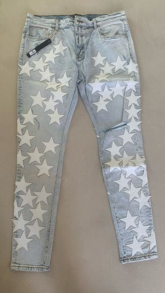 Jeans masculinos High Street Fashion Stars White Stars Patchwork Leather Ripped Slim Fit Men Tamanho 38 230504