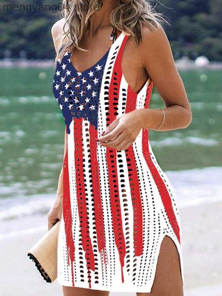 Kadınların mayo Amerikan bayrağı oyuk out yarık tığ işi kapak kadınlar yaz plajı kolsuz tank elbise 4. Temmuz plaj giysileri 2023 T230505