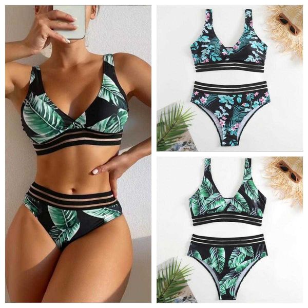 Bikini Sexy bedruckter Spitzenbesatz Split Badeanzug Damen Bademode