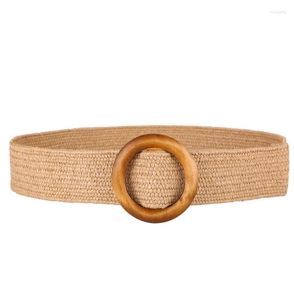 Cinture Cintura vintage intrecciata Boho Cintura estiva solida femminile rotonda in legno con fibbia liscia in paglia finta larga per le donne Cinture regalo
