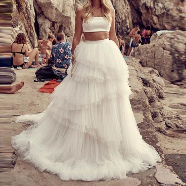 Röcke unregelmäßig geschichtet lange Braut hohe Taille gekräuselter weißer abgestufter Tüll Hochzeitsrock für Party formale Maxi nach Maß