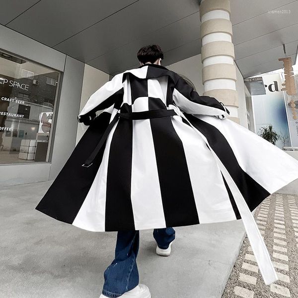 Erkek Trençkotlar 2023 Sonbahar Kış Düzensiz Siyah Beyaz Kontrast Renkli Ceket Erkek Kore Moda Uzun Yüksek Kaliteli Ceketler