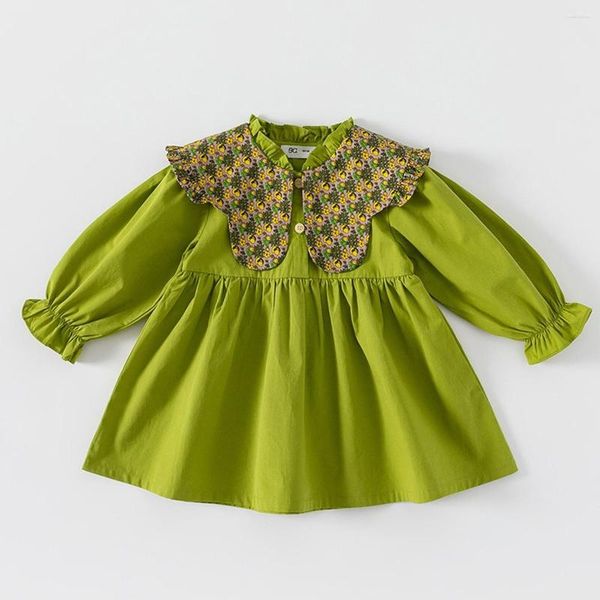 Vestidos de menina Criança de bebê de manga longa Crianças de lapela verde solto A-line Princess Kids Girls Spring Autumn vestidos