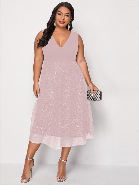Платья больших размеров розовые большие 4xl Midi платье Женщины 2023 Летняя осенняя сетка Элегантная пышные дамы коктейль -коктейль вечерний вечерний