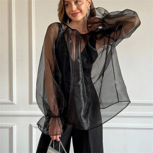 Damenblusen 2023 Frühling und Sommer Lose Bluse Damen Schwarz Weiß Langarm Rundhals Organza Top Transparent Sexy Clothin