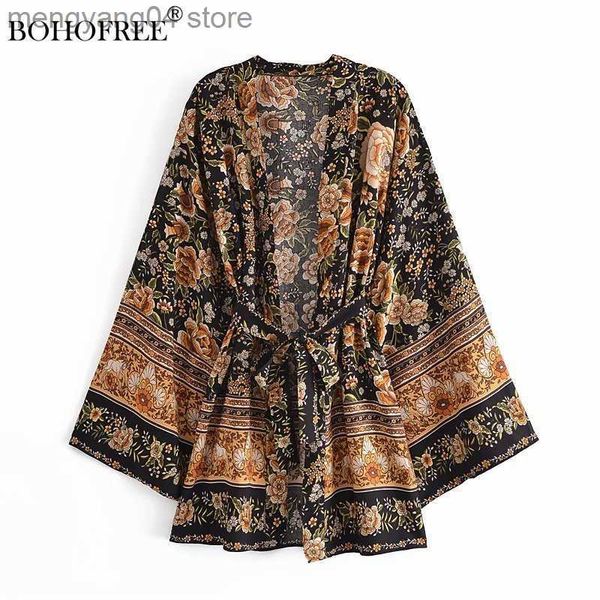 Damen Bademode Boho Vintage schwarz Blumendruck kurze Roben lässig Strand Cover Ups Blusas Gürtel Gypsy Style Hippie Frauen Kimono T230505