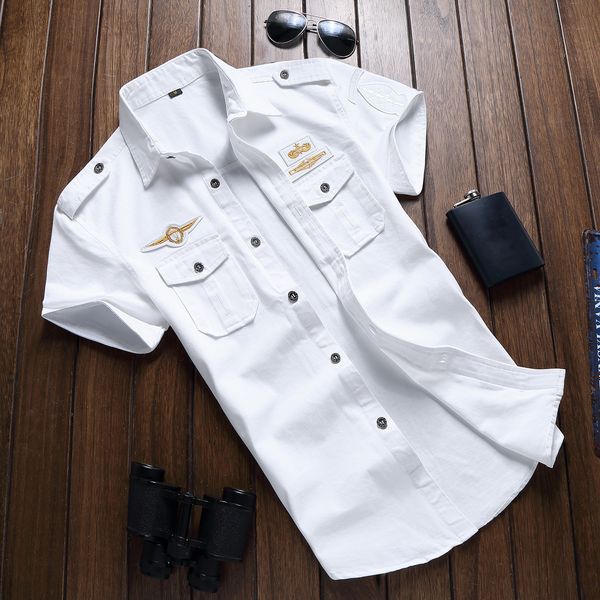 Camisas casuais masculinas camisa militar camisas masculinas roupas casuais roupas de moda algodão manga curta retro vintage 6xl bordado branco frete 230505