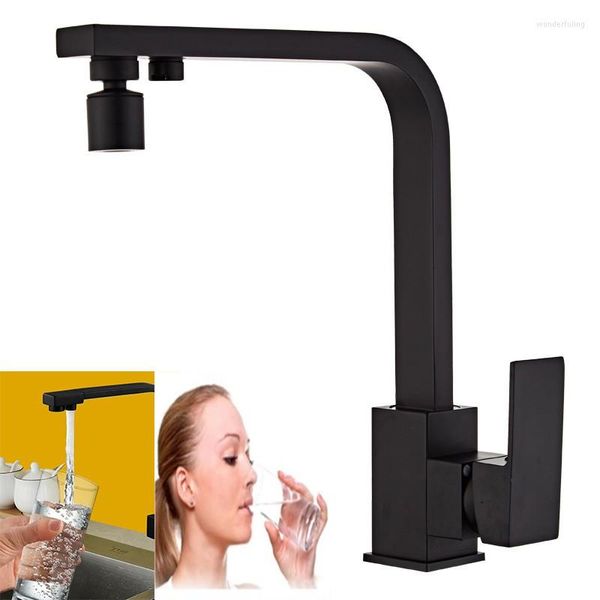 Rubinetti da cucina 3 funzioni con rubinetti filtrati Acqua fredda Quadrato nero Miscelatore lavello in ottone massiccio con rotazione a 360 gradi