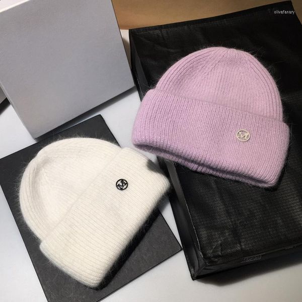 Boinas 2023 Angora Real Pele Warmie Boletim Bonzol Color Solid Fashion Skull Hat Autumn and Winter Elastic Knit